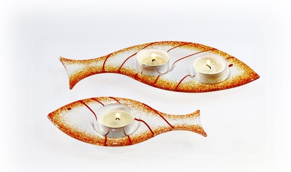 BDK-GLASS Skleněný svícínek rybička - FISH - oranžová Rozměr: 23x9cm