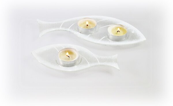 BDK-GLASS Skleněný svícínek rybička - FISH - bílá Rozměr: 23x9cm
