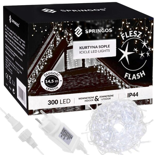 LED krápníky - 15,5m, 300LED, časovač, IP44, studená bílá + záblesky