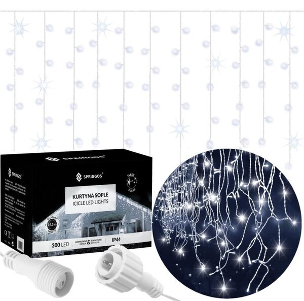 LED krápníky - 15,5m, 300LED, časovač, IP44, studená bílá + záblesky