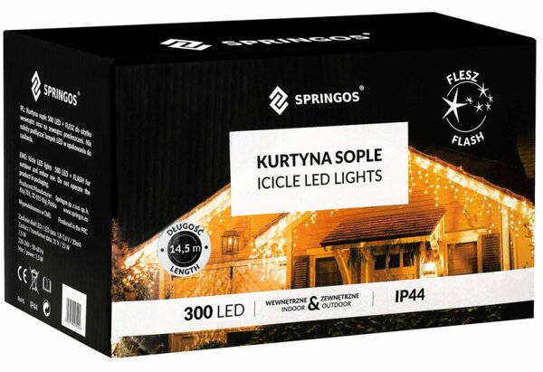 LED krápníky - 14,5m, 300LED, časovač, IP44, teplá bílá + záblesky