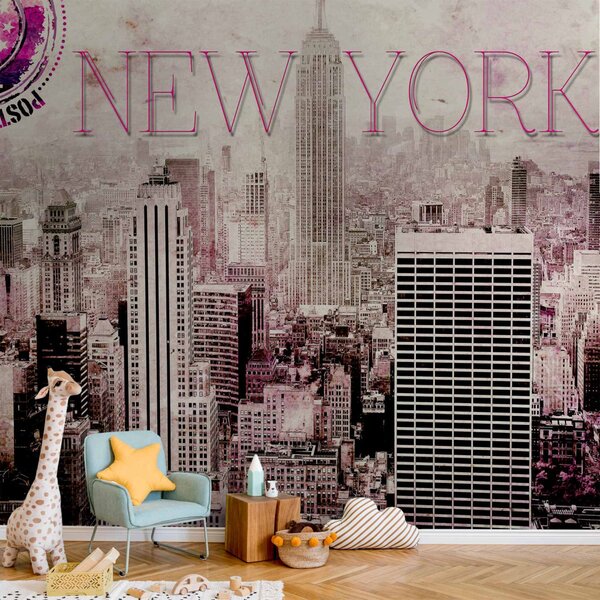 Fototapeta Růžový New York - architektura s mrakodrapy s nápisem a razítkem