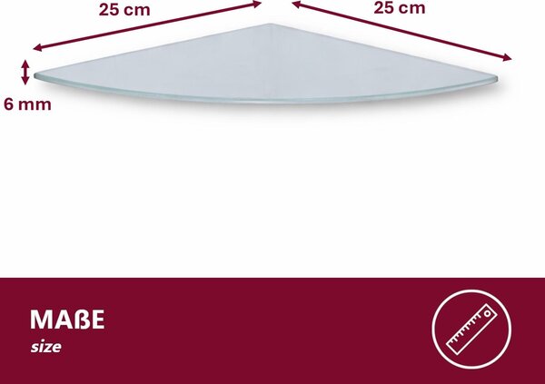 Skleněná rohová police HOOZ z bezpečnostního skla 25 x 25 x 0,6 cm čtvrtkruhová - bílá