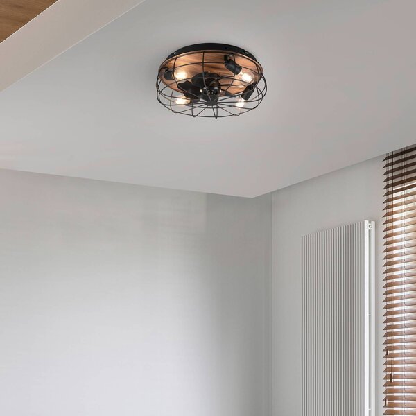 Reality Leuchten Stropní ventilátor Trondheim dálkový 4xE27 dřevo, Černá, Obývací pokoj / jídelna, kov, Moderní