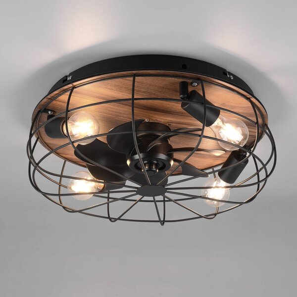 Reality Leuchten Stropní ventilátor Trondheim dálkový 4xE27 dřevo, Černá, Obývací pokoj / jídelna, kov, Moderní