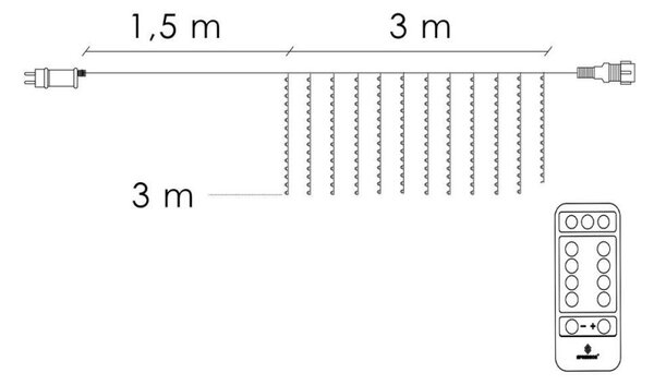 LED Nano závěs - 3x3m, 300LED, 8 funkcí, ovladač, IP44, studená bílá