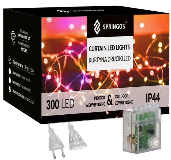 LED Nano závěs - 3x3m, 300LED, 8 funkcí, ovladač, IP44, multicolor