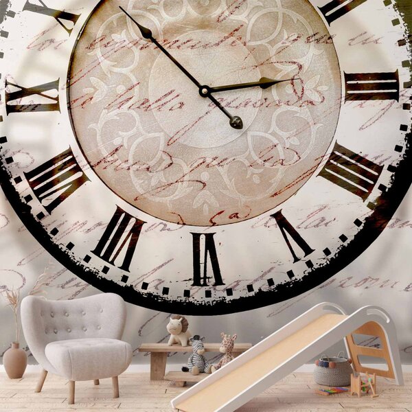 Fototapeta Plynutí času - velký hodiny se stínem na béžovém pozadí s nápisy