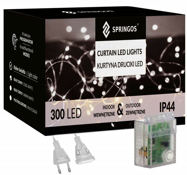 LED Nano závěs - 3x3m, 300LED, 8 funkcí, ovladač, IP44, studená bílá