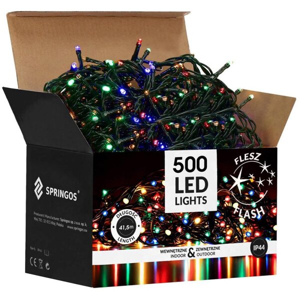 LED světelný řetěz - 41,5m, 500LED, IP44, multicolor + záblesky