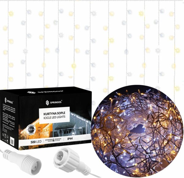 LED krápníky - 22,5m, 500LED, 8 funkcí, ovladač, časovač, IP44, duální bílá