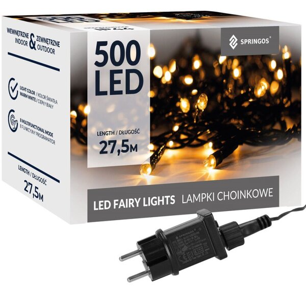 LED světelný řetěz - 27,5m, 500LED, 8 funkcí, paměť, IP44, teplá bílá