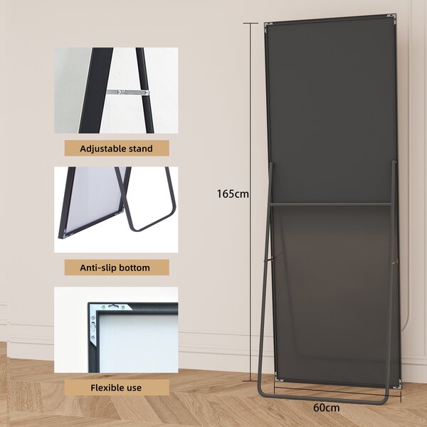 Obdélníkové kosmetické zrcadlo z tvrzeného skla, černý hliníkový rám, 165 x 60 cm, elegantní moderní design do ložnice nebo koupelny