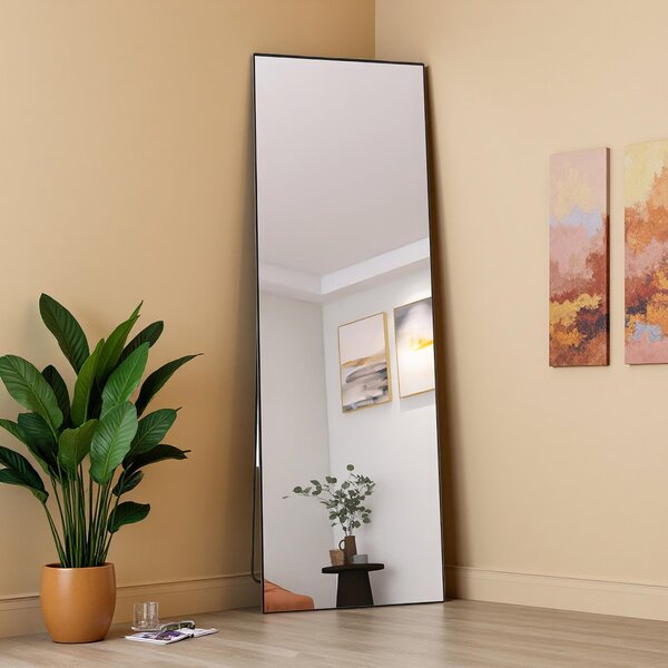Obdélníkové kosmetické zrcadlo z tvrzeného skla, černý hliníkový rám, 165 x 60 cm, elegantní moderní design do ložnice nebo koupelny