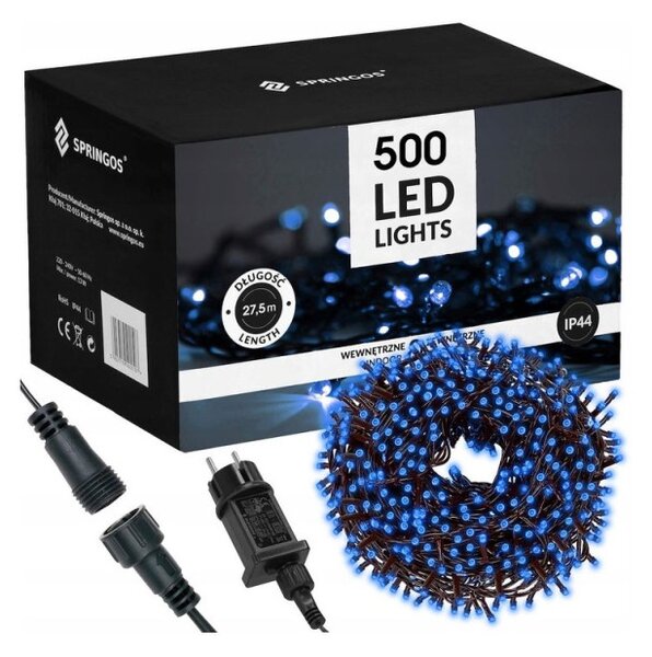 LED světelný řetěz - 27,5m, 500LED, 8 funkcí, paměť, IP44, modrá