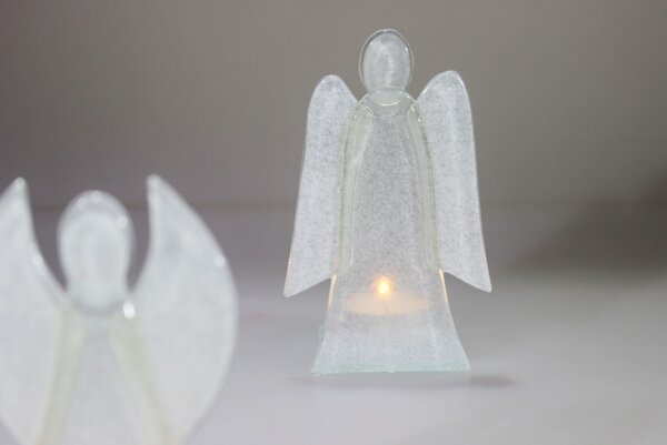 BDK-GLASS Skleněný svícen anděl 14cm - bílý