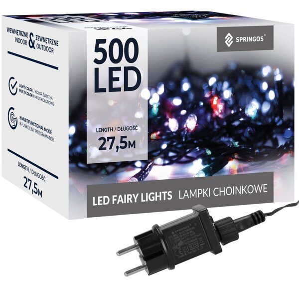 LED světelný řetěz - 27,5m, 500LED, 8 funkcí, paměť, IP44, multicolor