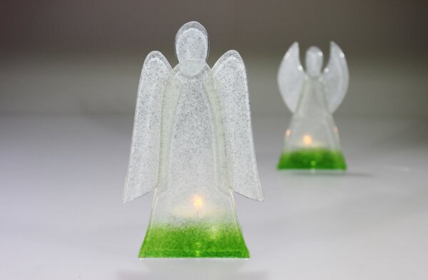 BDK-GLASS Skleněný svícen anděl 14cm - bílo-zelený