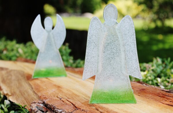 BDK-GLASS Skleněný svícen anděl 14cm - bílo-zelený