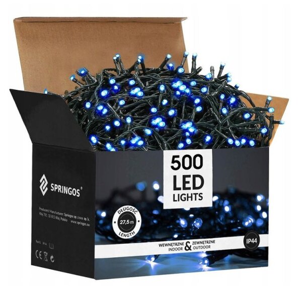LED světelný řetěz - 27,5m, 500LED, 8 funkcí, paměť, IP44, modrá