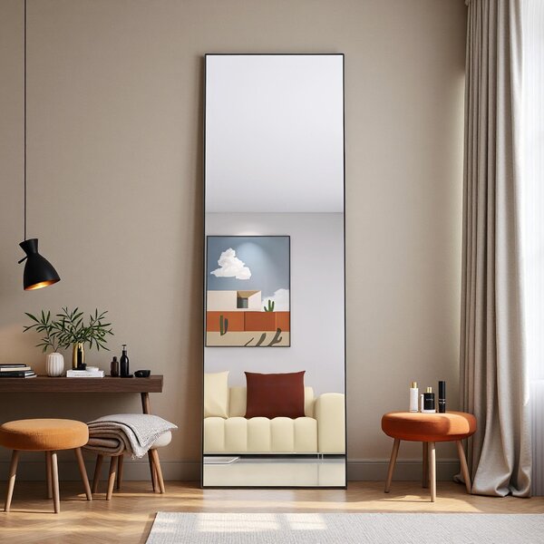 Obdélníkové kosmetické zrcadlo z tvrzeného skla, černý hliníkový rám, 165 x 60 cm, elegantní moderní design do ložnice nebo koupelny