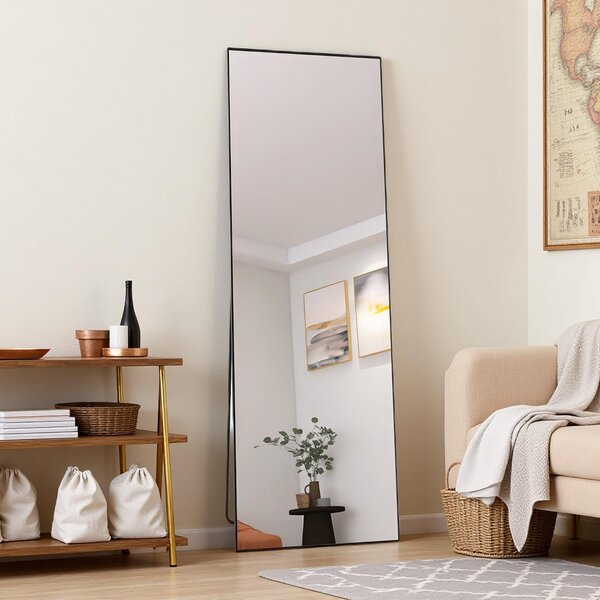 Obdélníkové kosmetické zrcadlo z tvrzeného skla, černý hliníkový rám, 165 x 60 cm, elegantní moderní design do ložnice nebo koupelny