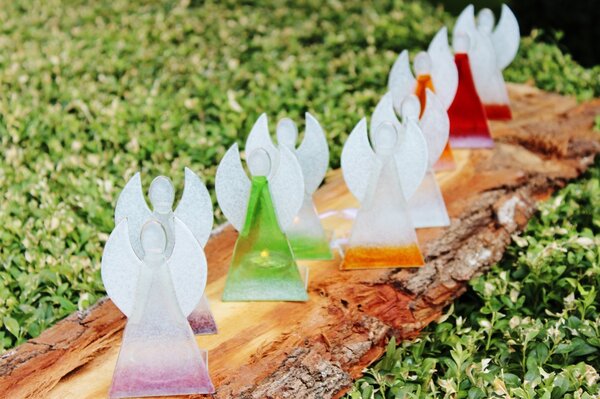 BDK-GLASS Skleněný svícen anděl 12cm - bílo-růžový