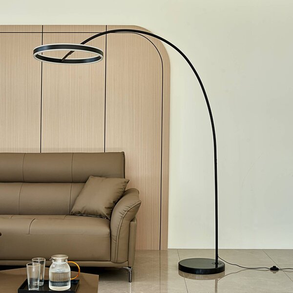 Lucande Oblouková lampa LED Yekta, černá, 183 cm, stmívatelná, stmívatelný, Černá, Obývací pokoj / jídelna, kov, Design