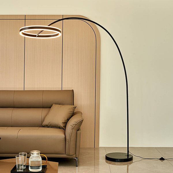 Lucande Oblouková lampa LED Yekta, černá, 183 cm, stmívatelná, stmívatelný, Černá, Obývací pokoj / jídelna, kov, Design