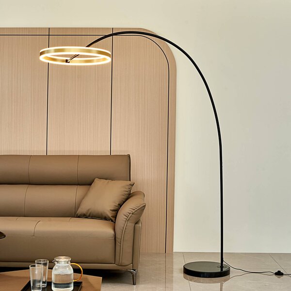 Lucande Oblouková lampa LED Yekta, mosazná barva, 183 cm, stmívatelná, stmívatelný, Černá, Obývací pokoj / jídelna, kov, Design