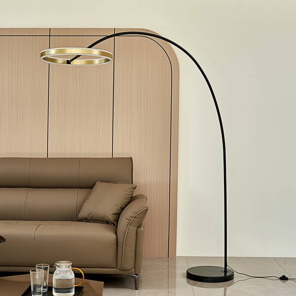 Lucande Oblouková lampa LED Yekta, mosazná barva, 183 cm, stmívatelná, stmívatelný, Černá, Obývací pokoj / jídelna, kov, Design