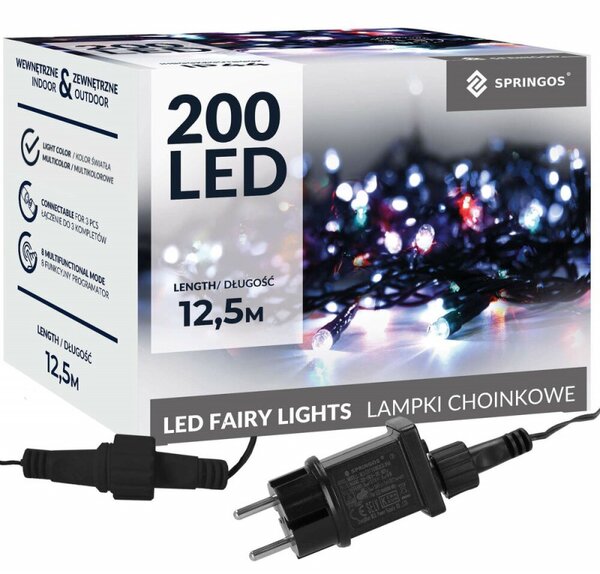 LED světelný řetěz - 12,5m, 200LED, 8 funkcí, paměť, IP44, multicolor