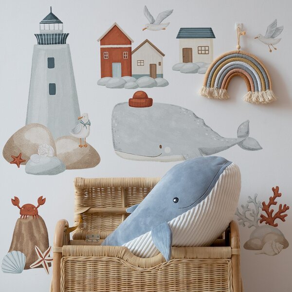 Dětská nálepka na zeď Sea voyage - maják, domečky a velryba