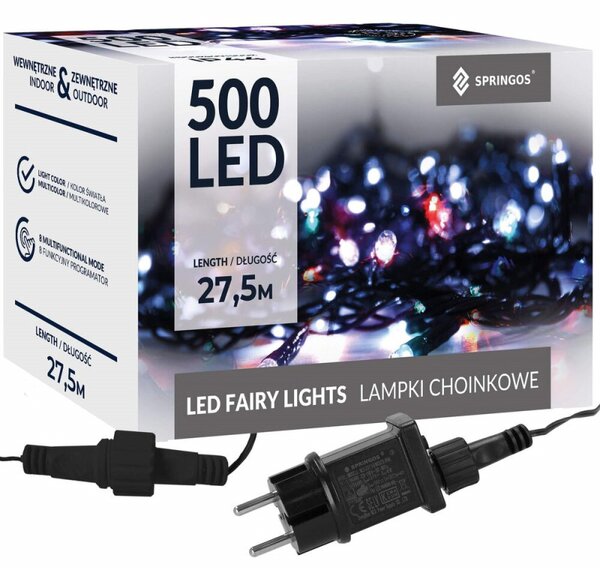 LED světelný řetěz - 27,5m, 500LED, IP44, multicolor + záblesky