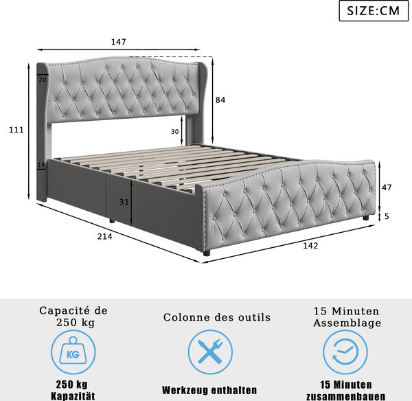 Postel Moonbite s úložným prostorem, rozměry 140x200 cm, potah z veluru, šedá barva, prošívání, hydraulický rošt, latkový rošt z dřeva – měkký luxus