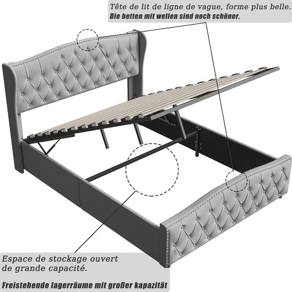Postel Moonbite s úložným prostorem, rozměry 140x200 cm, potah z veluru, šedá barva, prošívání, hydraulický rošt, latkový rošt z dřeva – měkký luxus