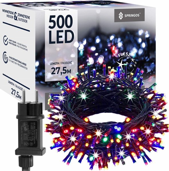 LED světelný řetěz - 27,5m, 500LED, IP44, multicolor + záblesky