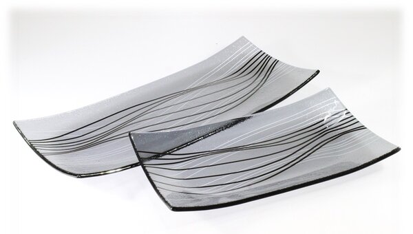 BDK-GLASS Šedá skleněná mísa s černo-stříbrným dekorem LINKY Rozměr: 30x18cm