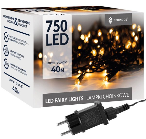 LED světelný řetěz - 40m, 750LED, 8 funkcí, paměť, IP44, teplá bílá
