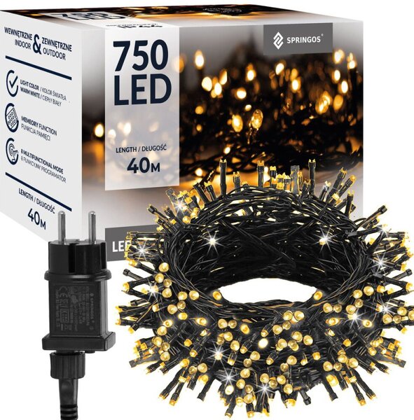 LED světelný řetěz - 40m, 750LED, 8 funkcí, paměť, IP44, teplá bílá