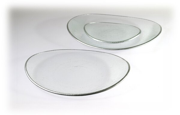 BDK-GLASS Skleněný oválný talíř OVAL ELLA čirý se stříbrným okrajem Rozměr: 20x14cm