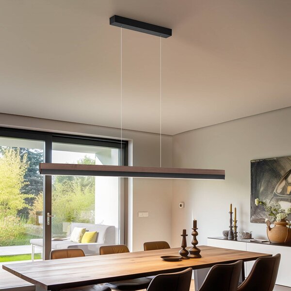 Quitani Závěsné svítidlo LED Keijo, černá/ořech, délka 143 cm, stmívatelný, Tmavé dřevo, Obývací pokoj / jídelna, Dřevo, Venkovský / rustikální