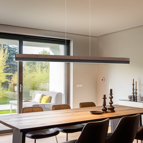 Quitani Závěsné svítidlo LED Keijo, černá/ořech, délka 143 cm, stmívatelný, Tmavé dřevo, Obývací pokoj / jídelna, Dřevo, Venkovský / rustikální