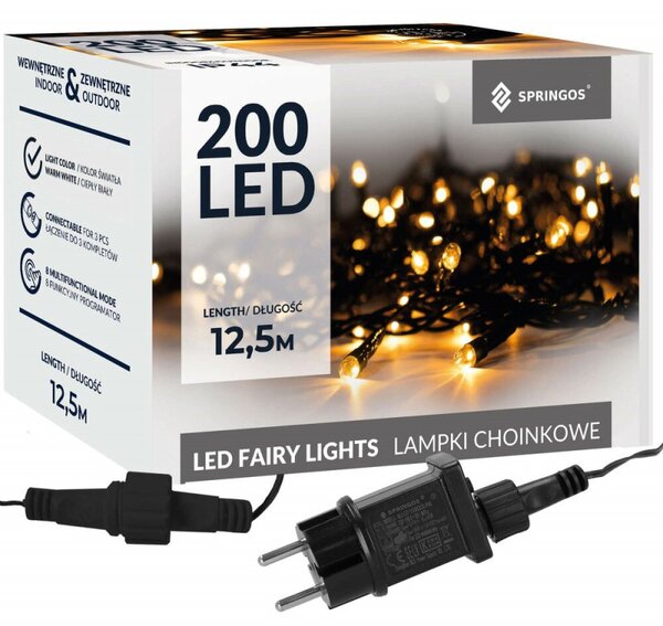 LED světelný řetěz - 12,5m, 200LED, 8 funkcí, paměť, IP44, teplá bílá