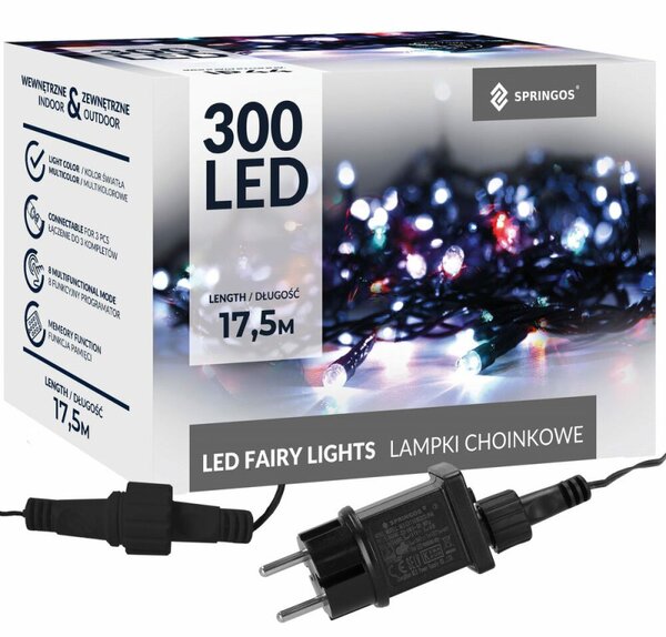 LED světelný řetěz - 17,5m, 300LED, 8 funkcí, IP44, multicolor