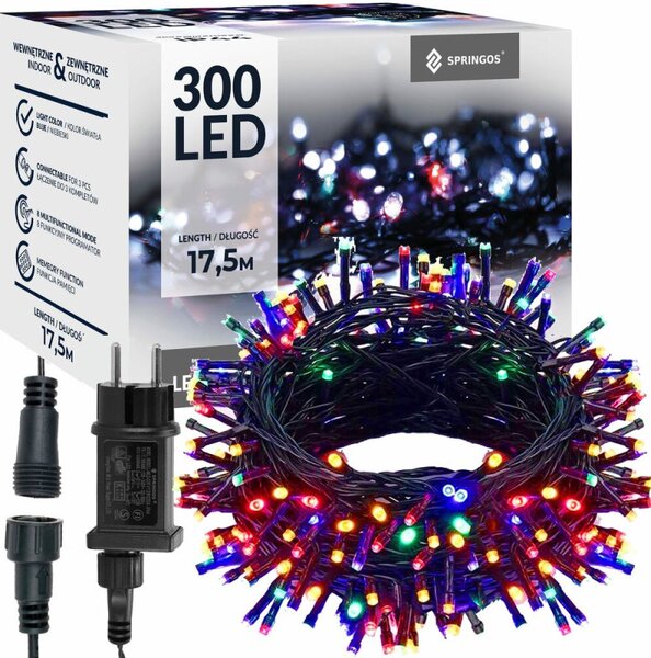 LED světelný řetěz - 17,5m, 300LED, 8 funkcí, IP44, multicolor