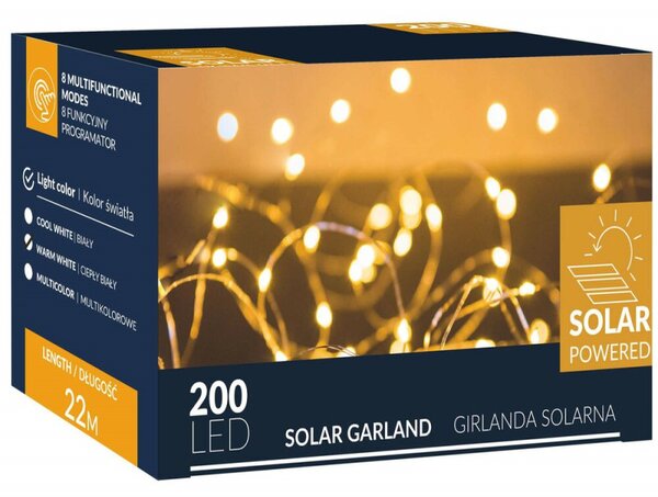 LED solární řetěz Nano - 22m, 200LED, 8 funkcí, IP44, teplá bílá