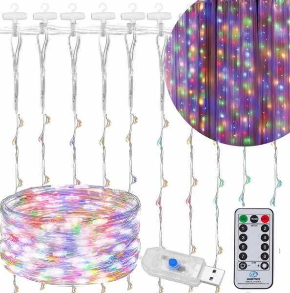 LED Nano světelný závěs - 3x3m, 300LED, 8 funkcí, ovladač, USB, IP44, multicolor