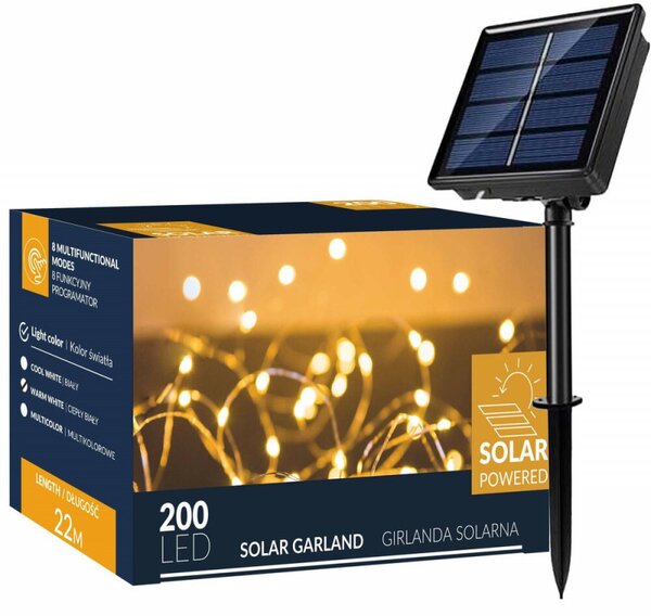 LED solární řetěz Nano - 22m, 200LED, 8 funkcí, IP44, teplá bílá