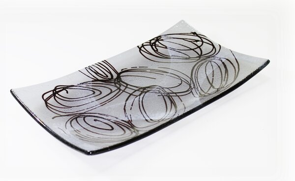 BDK-GLASS Šedá skleněná mísa s černým dekorem elipsy Rozměr: 40x17cm